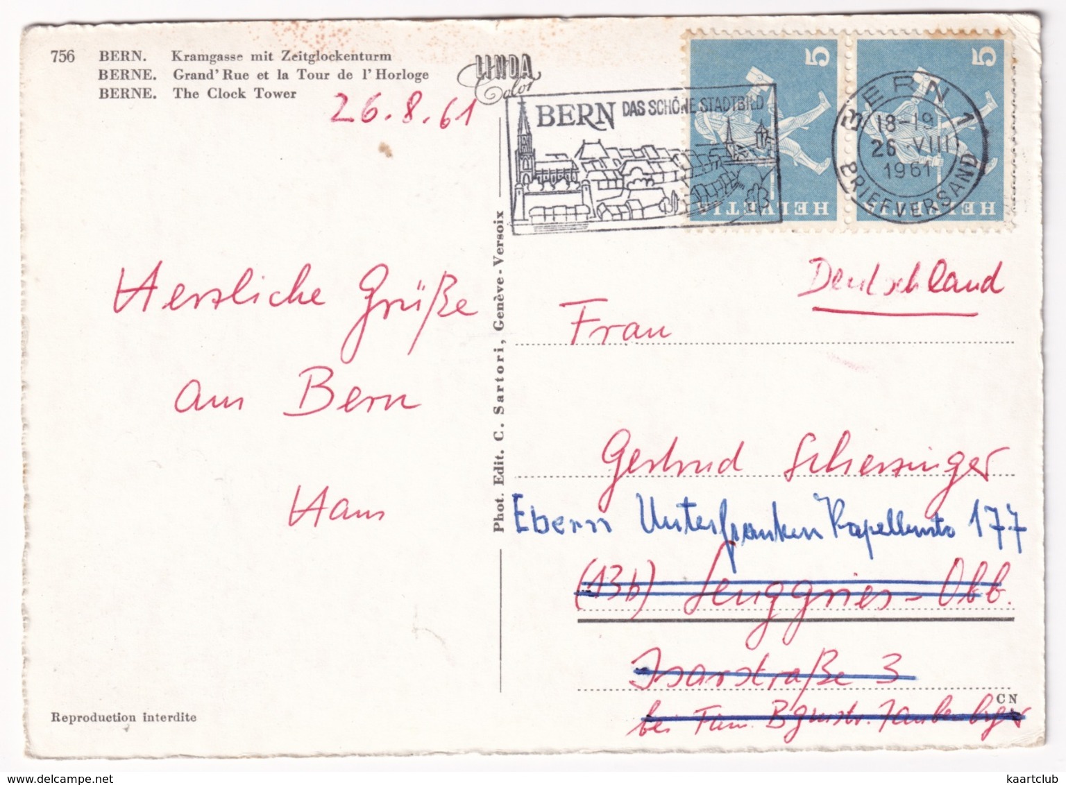 Bern: PEUGEOT 202, CITROËN TRACTION AVANT - Grand'Rue Et La Tour De L'Horloge  - (Schweiz/Suisse) - 1961 - Turismo