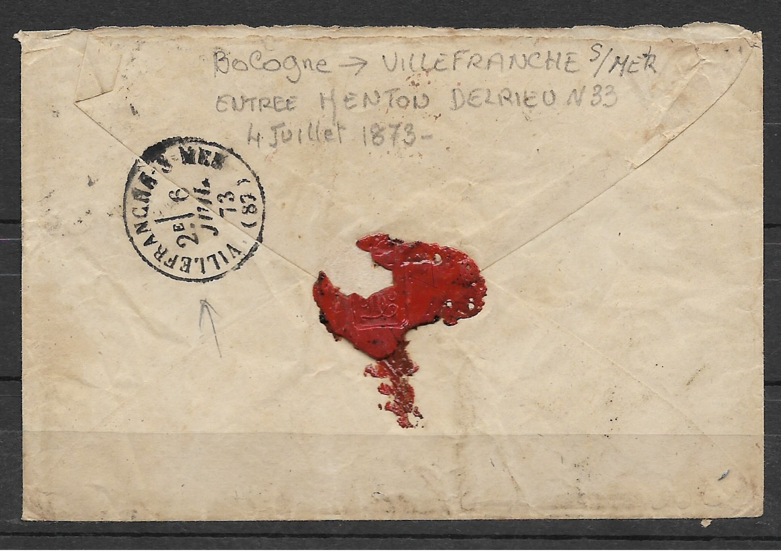 LETTRE ITALIE  BOLOGNE POUR VILLEFRANCHE S/MER 1873 V EMMANUEL II - Usados