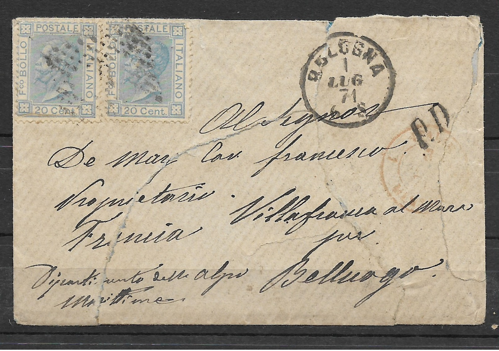 LETTRE  BOLOGNE POUR VILLEFRANCHE S/MER 1871 V EMMANUEL II - Usados