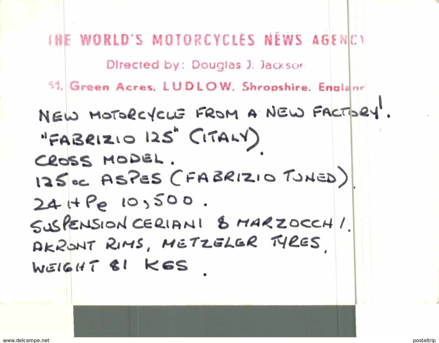 FABRIZIO 125   10*15 Cm Moto MOTOCROSS MOTORCYCLE Douglas J Jackson Archive Of Motorcycles - Otros & Sin Clasificación