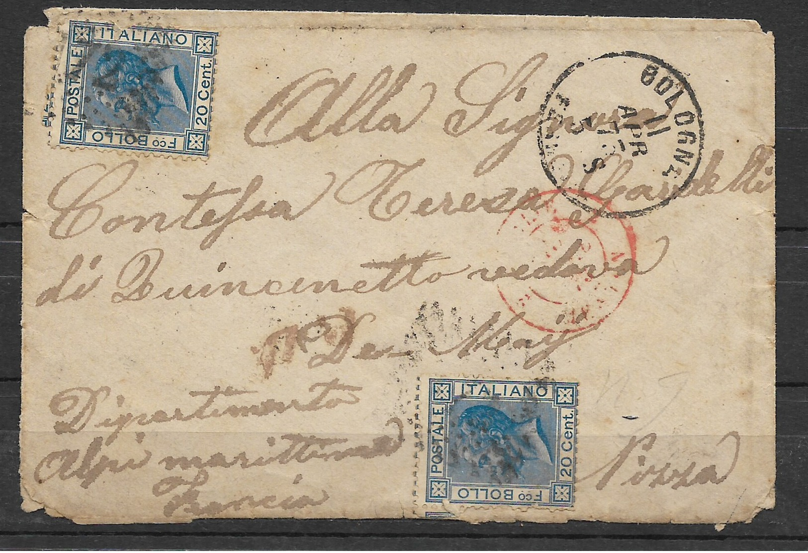 LETTRE ITALIE DE BOLOGNE POUR NICE 1873 V EMMANUEL II - Usados