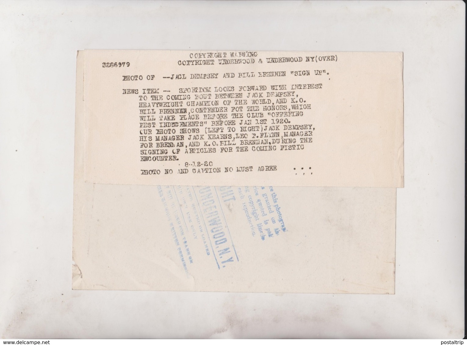 DEMPSEY BILL BRENNEN SIGN UP HEAVYWEIGHT CHAMPION OF THE WORLD   BOXING BOXEO 25*20CM Fonds Victor FORBIN 1864-1947 - Deportes