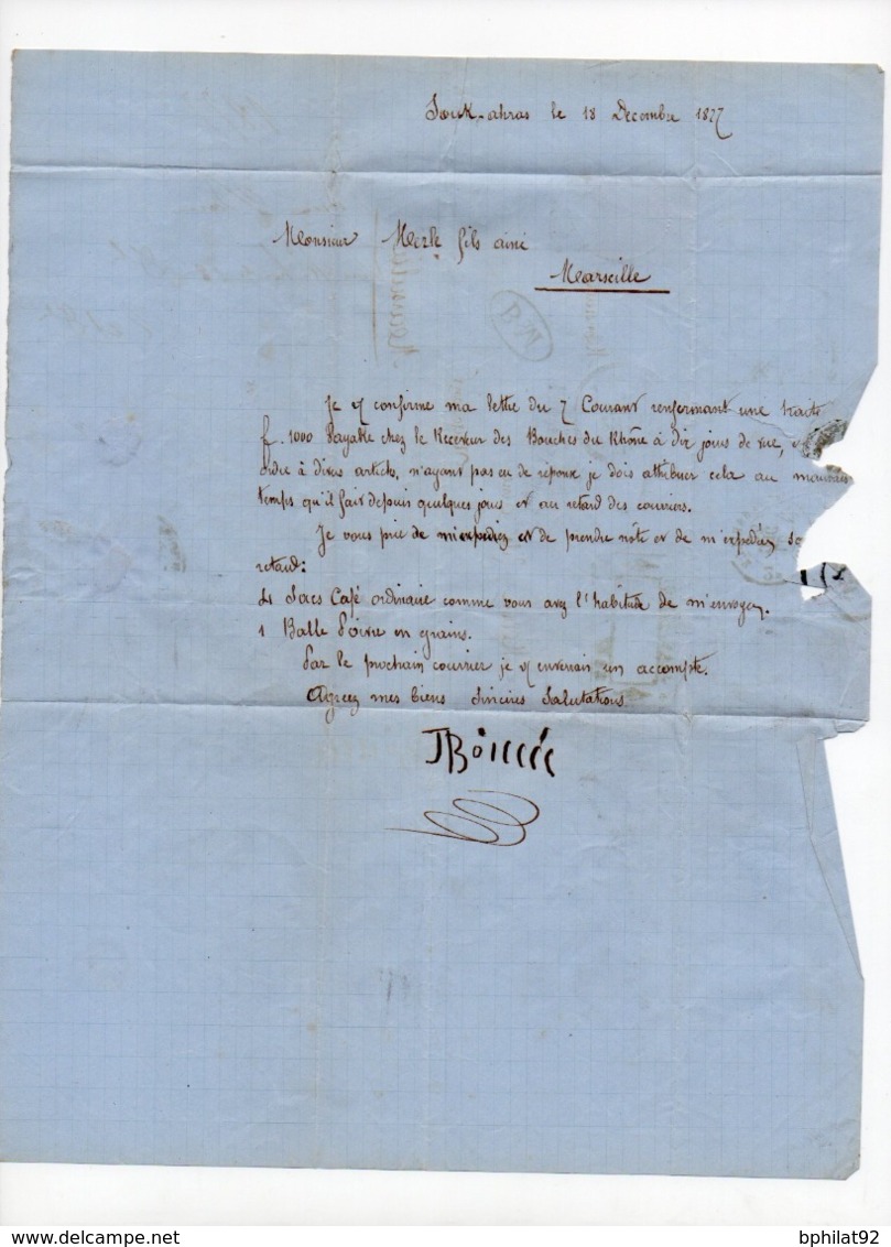 !!! ALGERIE, LETTRE DE SOUK AHRAS AVEC CACHET PERLE DE DUVIVIER DE 1877 ET CACHET BOITE MOBILE. AVEC TEXTE - Vorläufer