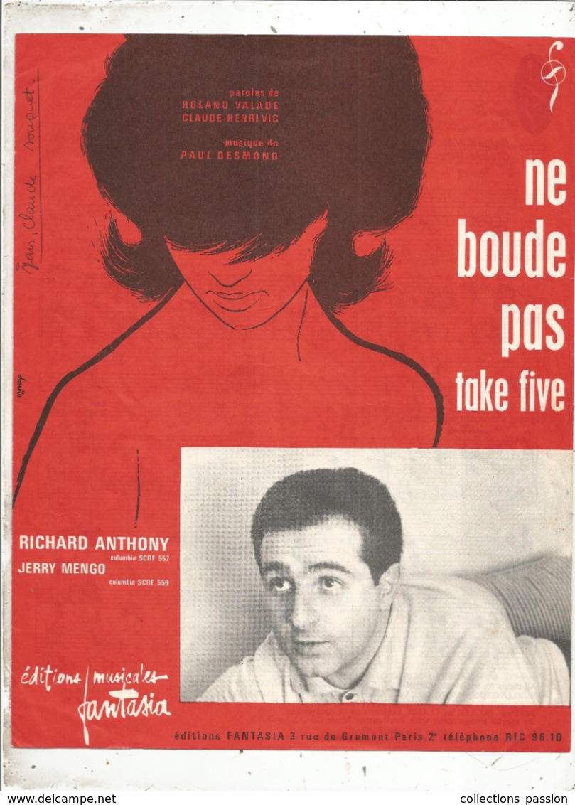 Partition Musicale Ancienne  , RICHARD ANTHONY , NE BOUDE PAS , Take Five, Frais Fr 1.85e - Partitions Musicales Anciennes