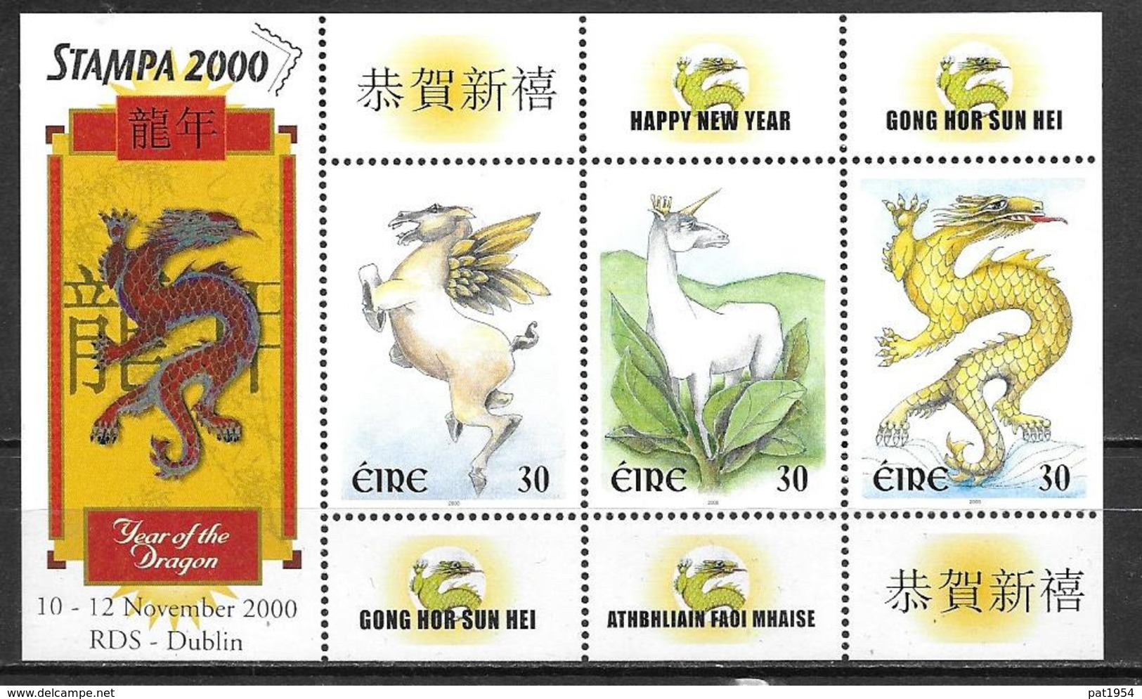 Irlande 2000 Feuillet Avec N°1217/1219 Année Du Dragon Surchargé STAMPA 2000, Timbres De Souhaits - Blocs-feuillets