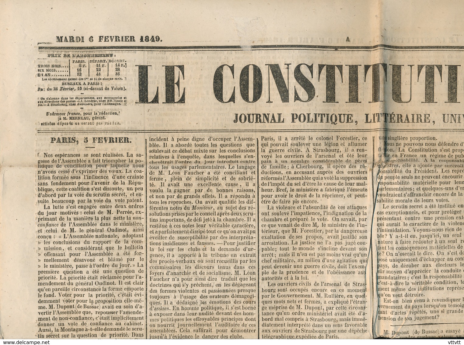 Journal LE CONSTITUTIONNEL, N° 37 (6 Février 1849) : Paris, Etranger, Intérieur, Justice Militaire, Assemblée Nationale - 1800 - 1849