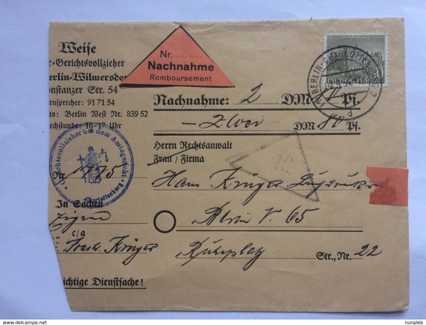 GERMANY 1954 Berlin Nachnahme Cover Berlin Marks With Sonderstempel - Lettres & Documents
