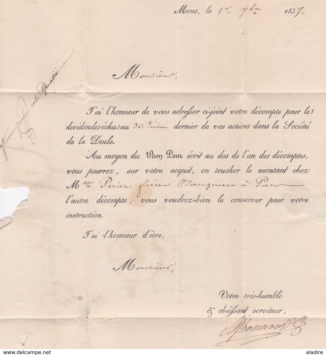 1837 - Lettre Cachetée Avec Correspondance  Imprimée En Français De Mons, Belgique Vers Paris, France - Port Du - 1830-1849 (Independent Belgium)