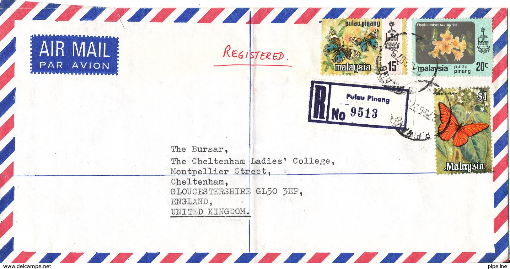 Malaysia Registered Air Mail Cover Sent To England 27-6-1979 Topic Stamps (the Cover Is Bended) - Malaysia (1964-...)