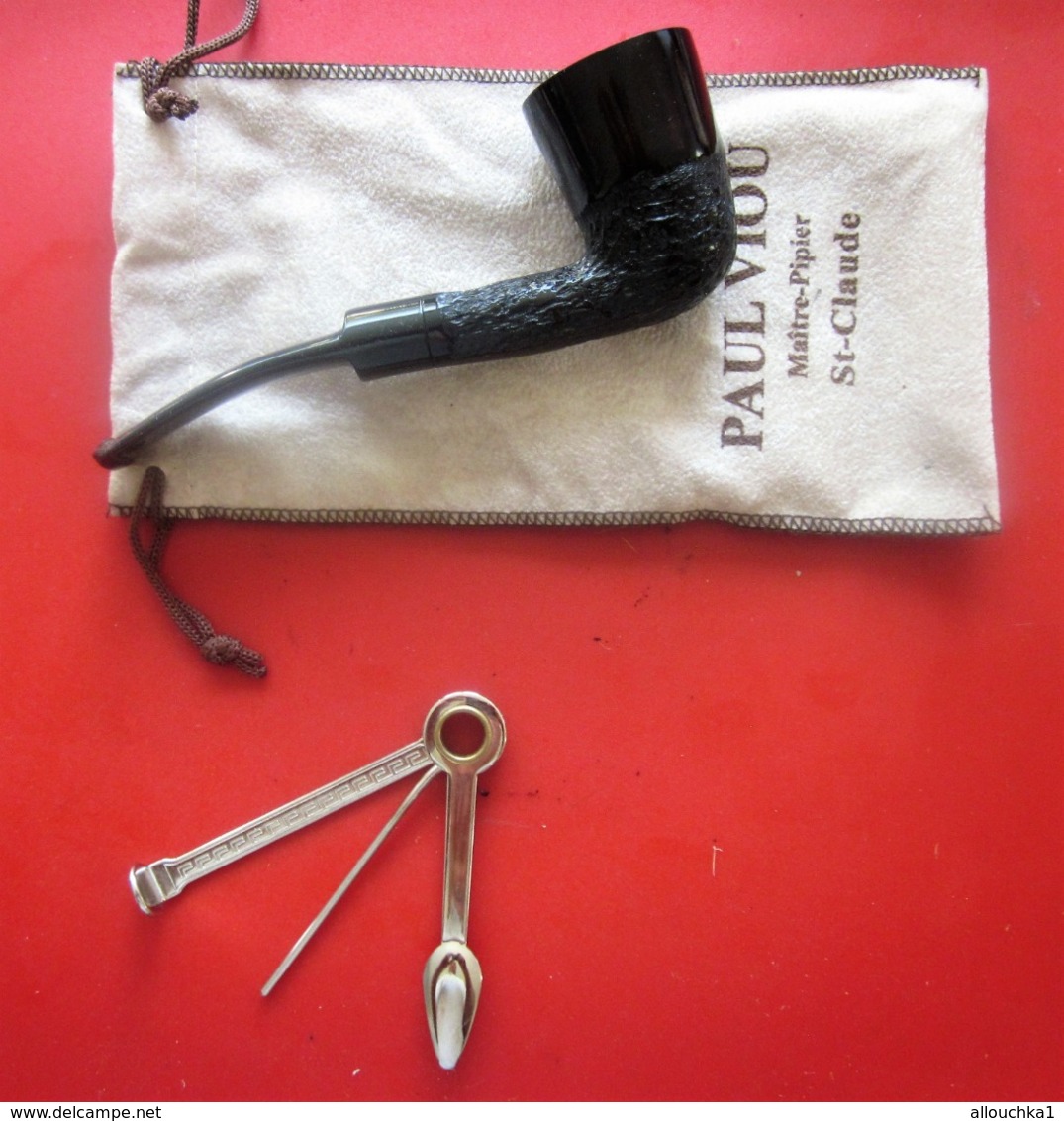 VINTAGE ANCIENNE PIPE DE BRUYÈRE NEUVE-PAUL VIOU  DE SAINT CLAUDE PAYS DE LA PIPE+ ACCESSOIRE  FUMEUR TABAC + POCHETTE - Bruyerepfeifen