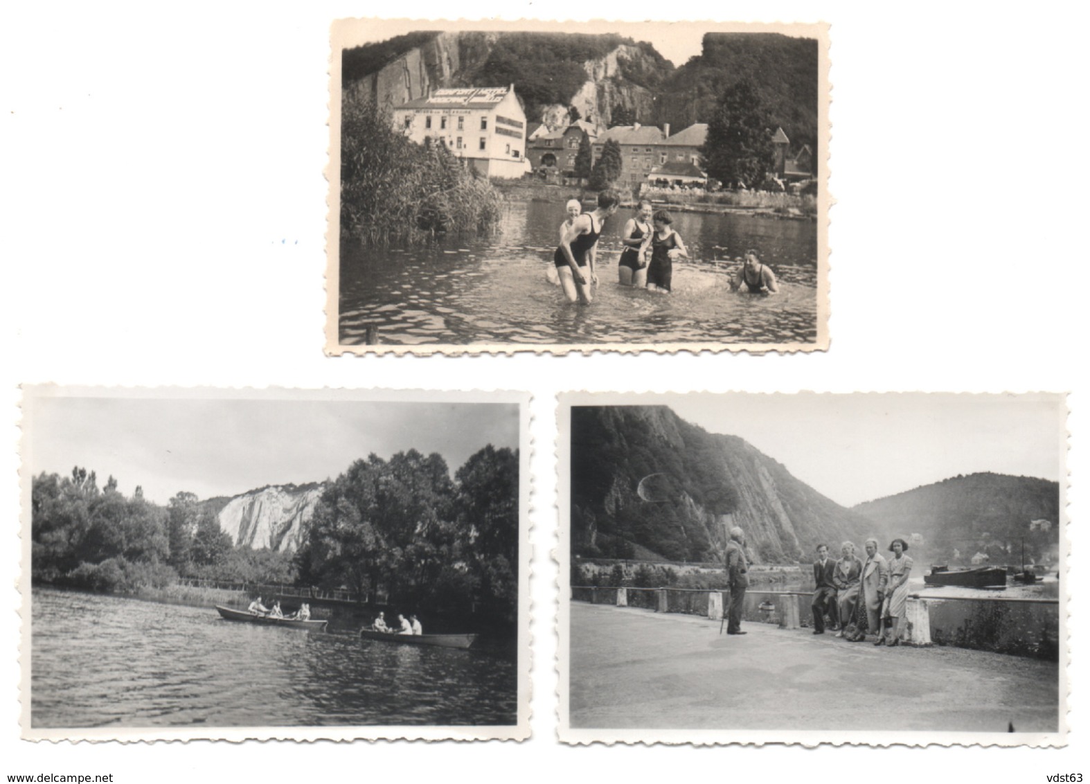 3 X Photo YVOIR 1935 BASSIN DE NATATION Bains Hôtel De Bruxelles + Canotage Sur La Meuse + Route De Godinne Péniche - Yvoir