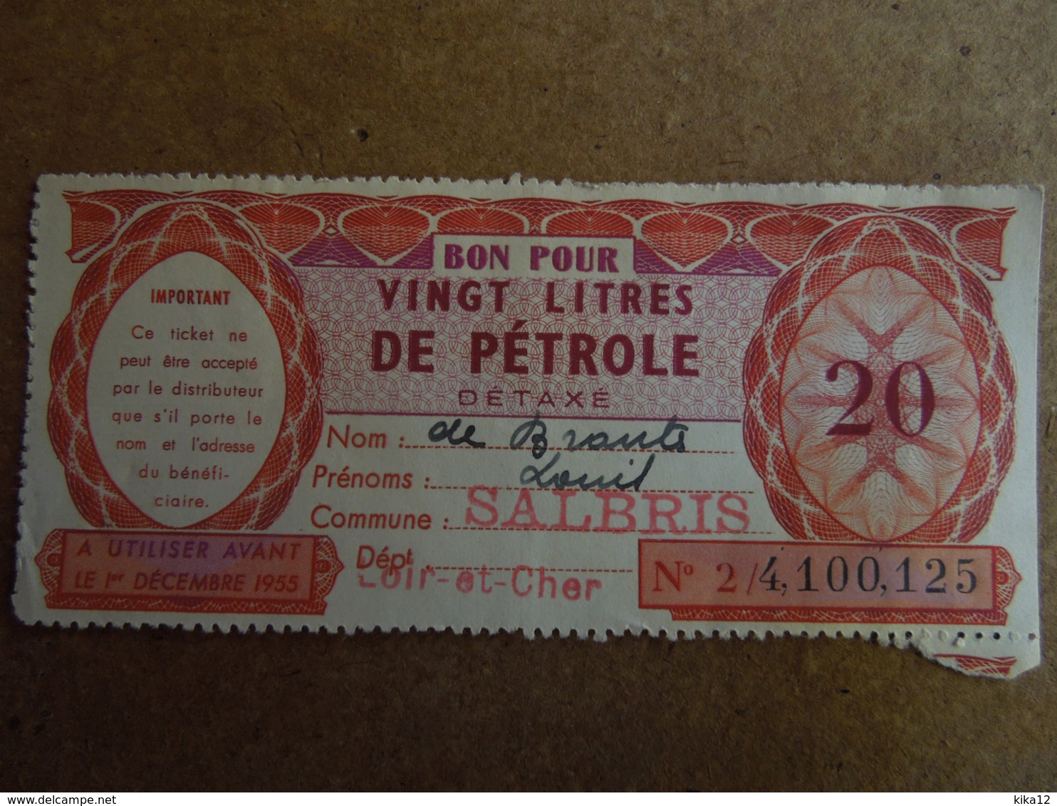 Billet De Nécessité.   Bon Pour Vingt Litres De Pétrole.   Salbris.   01 - Non Classés