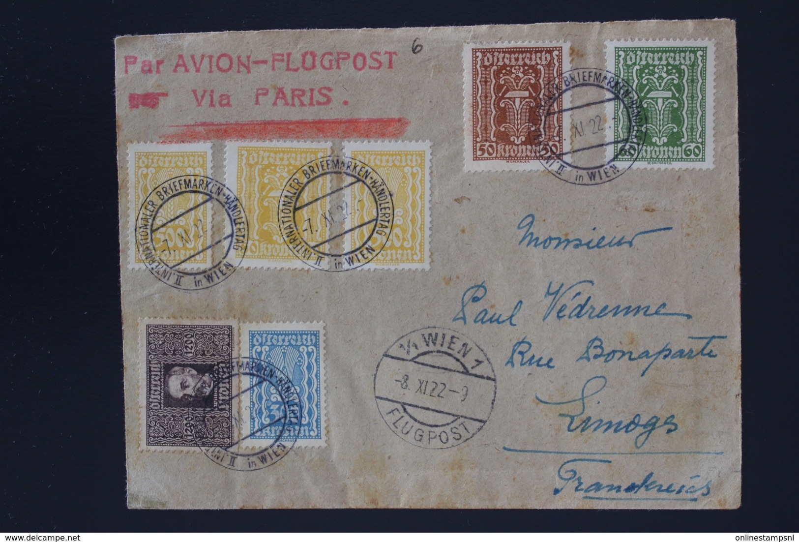 Austria Airmail Cover 8-11-1922 -> Limoges France Int. Briefmarken-handlertag Wien - Briefe U. Dokumente