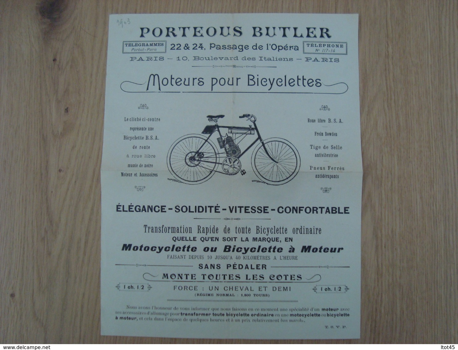 DOCUMENT PUBLICITAIRE PORTEOUS BUTLER MOTEURS POUR BICYCLETTES - Cars