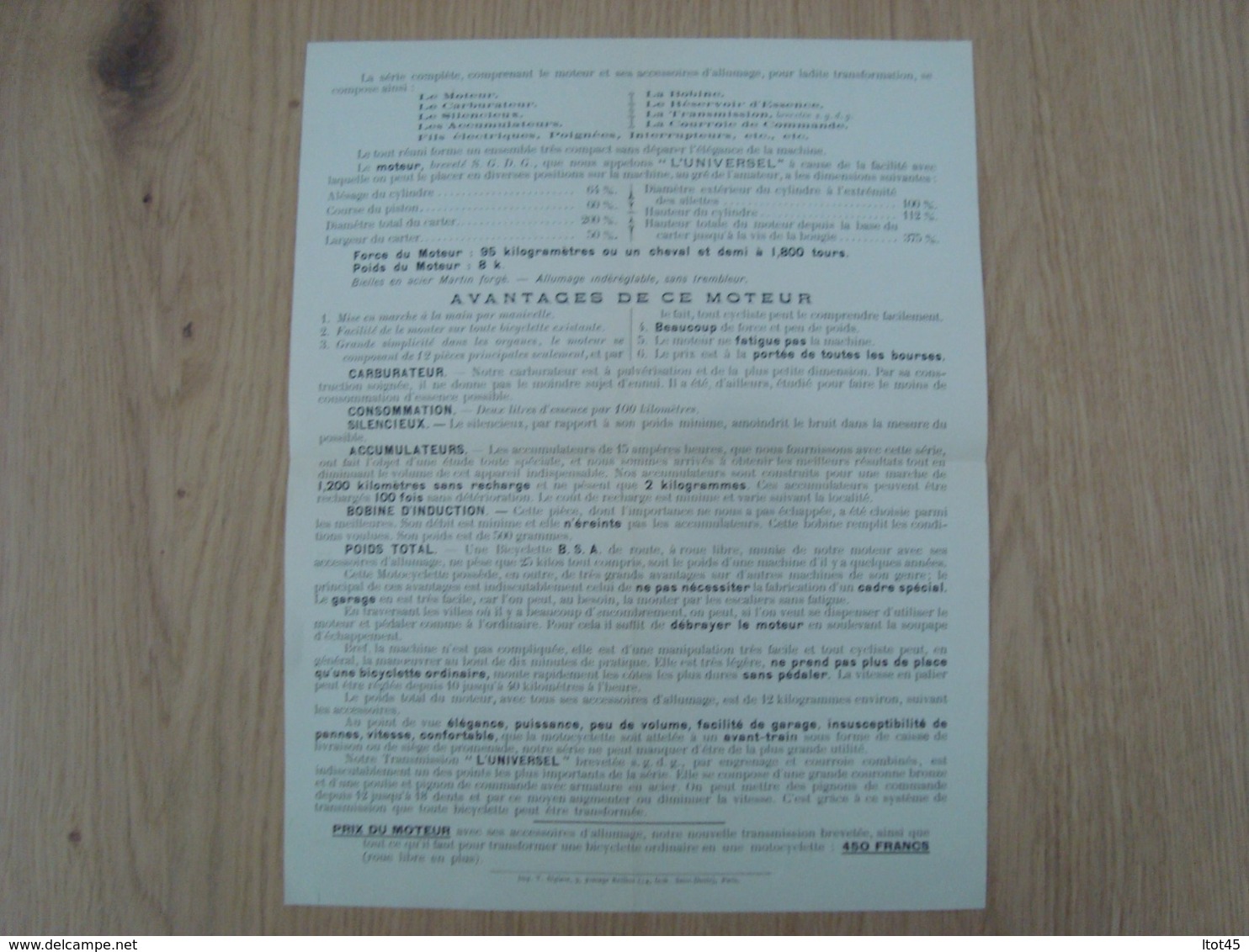 DOCUMENT PUBLICITAIRE PORTEOUS BUTLER MOTEURS POUR BICYCLETTES - Automobile