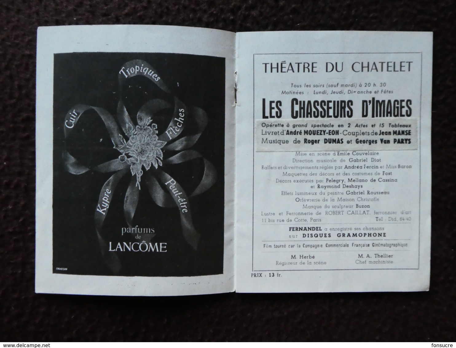 MZ Programme Théatre Du CHATELET Les Chasseurs D'images Opérette Mouezy-Eon Manse Avec Fernandel - Programmes