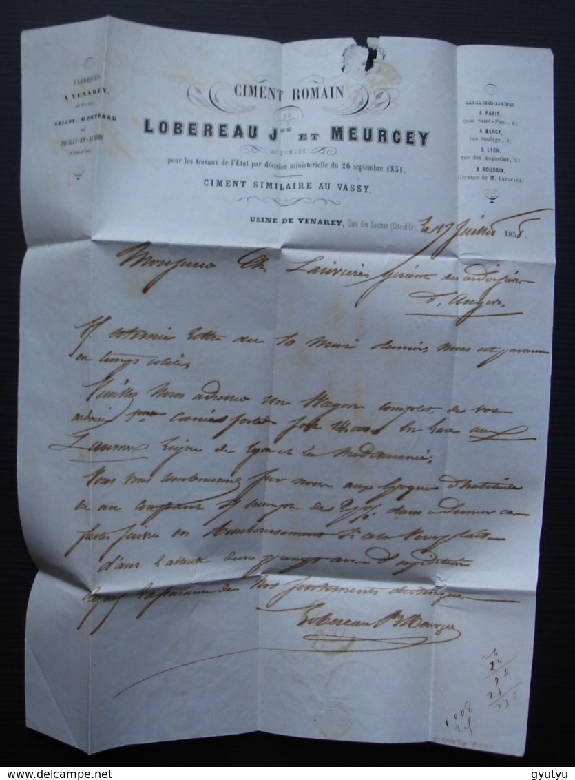 Venarey 1858 Origine Rurale Cad De Flavigny Sur Ozerain Lettre De Lobereau Et Meurcey Ciment Romain (gare Des Laumes) - 1849-1876: Période Classique