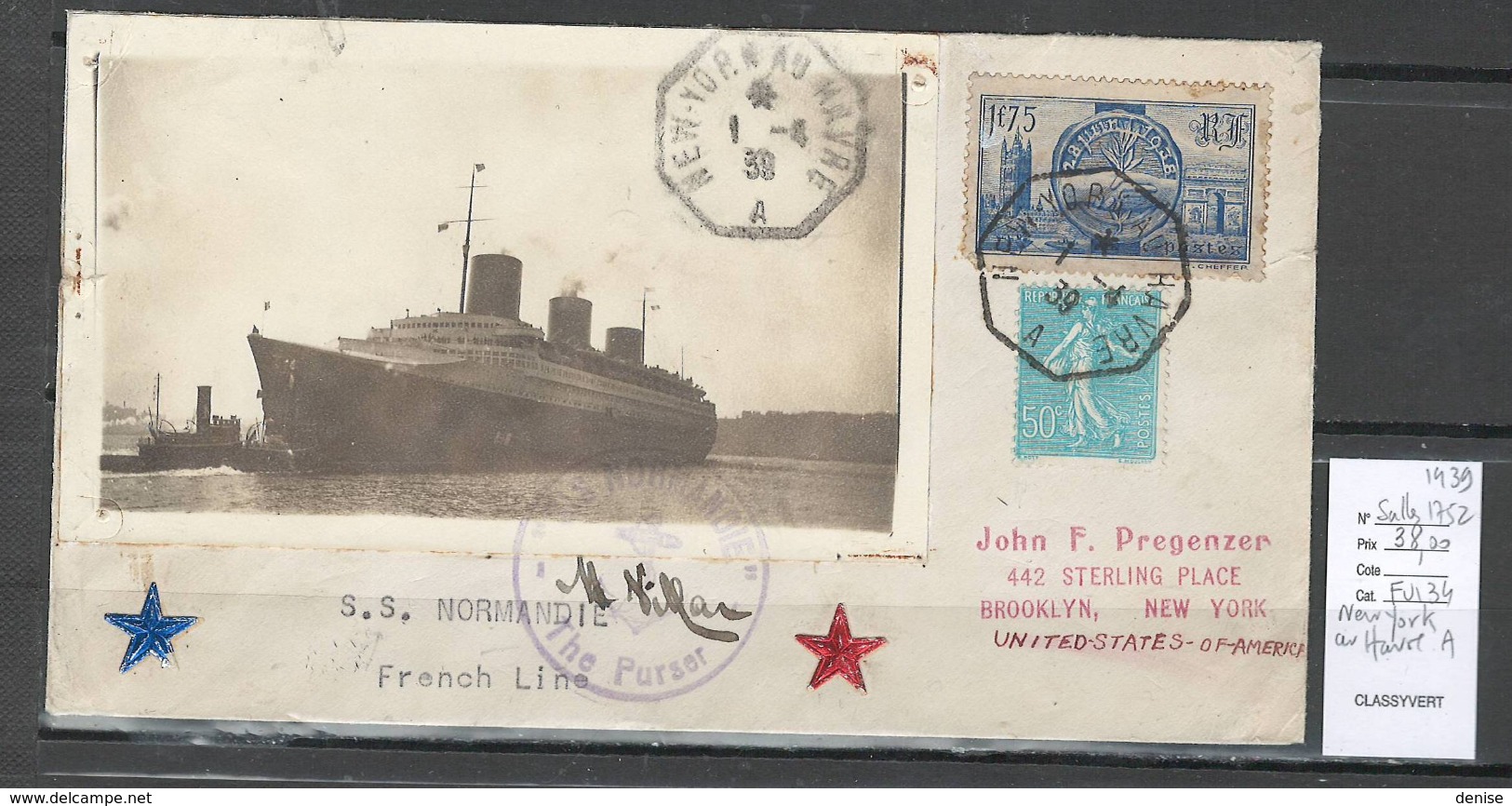 France -Lettre New York Au Havre A - Normandie - 1939 - Maritime Post