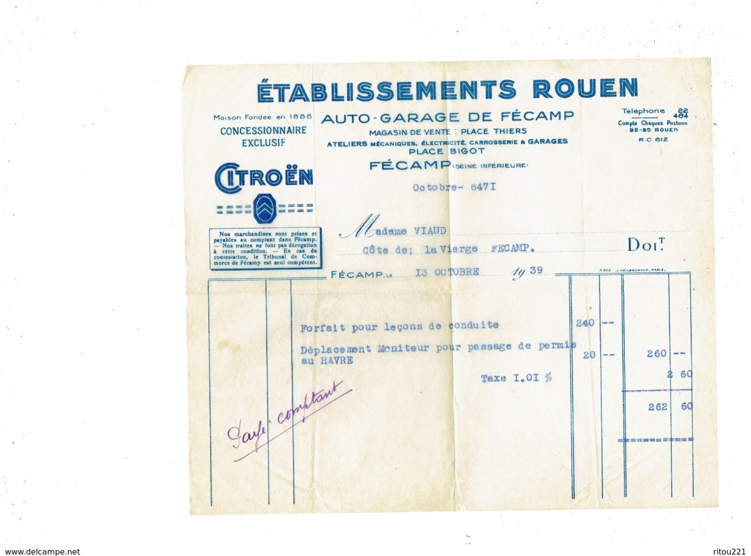 Facture Etablis. ROUEN Auto-garage Fécamp CITROEN Concessionnaire 1939 Forfait Leçons Conduite Passage Permis Au HAVRE - Automobile