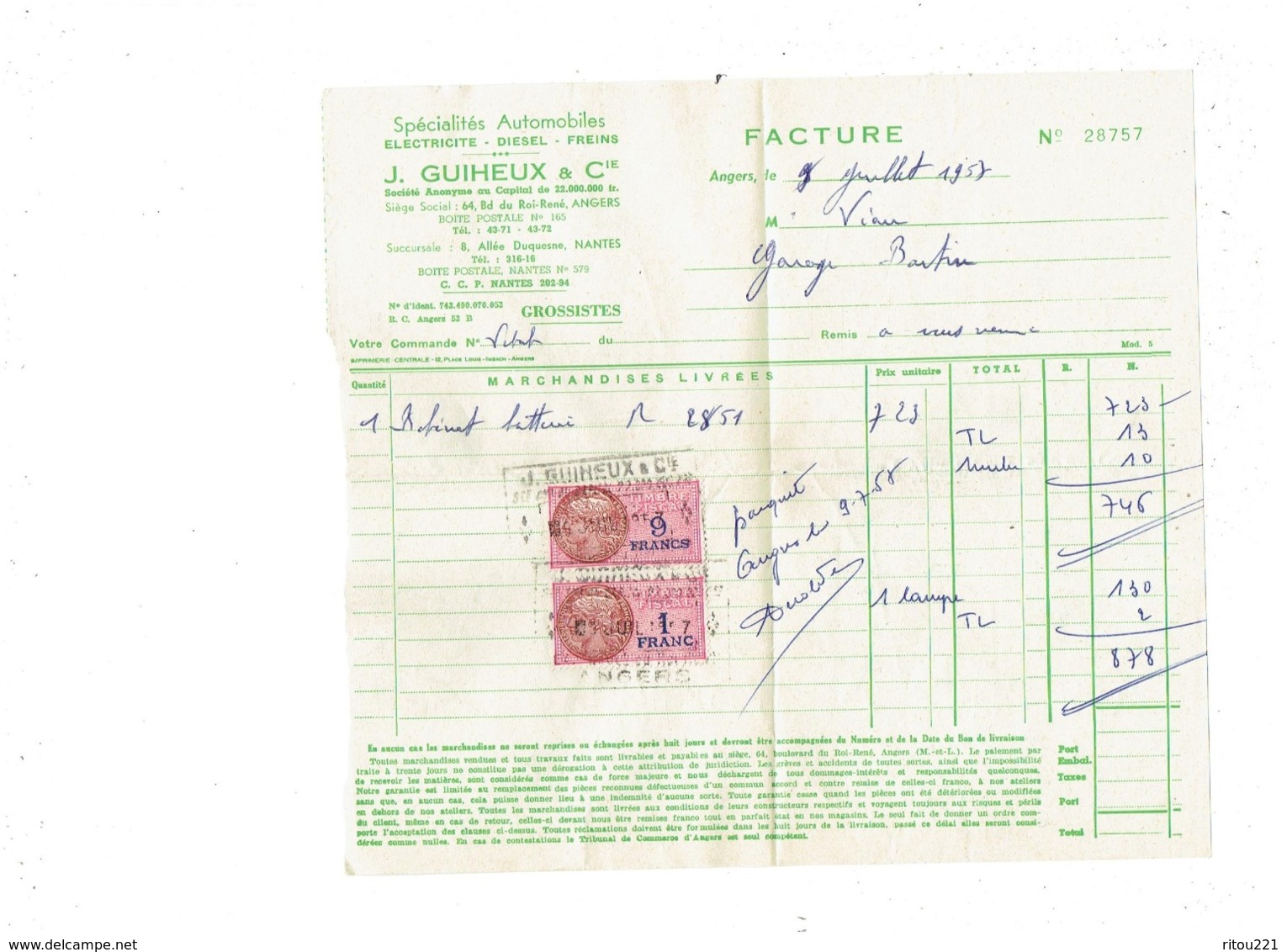 Facture J. GUIHEUX ANGERS - 1957 - Automobile - Timbre Fiscal 1 Franc - Automobile