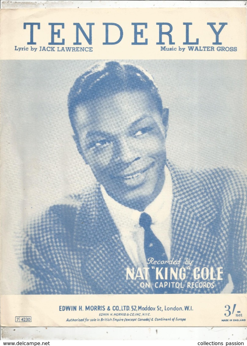 Partition Musicale Ancienne  , NAT KING COLE , TENDERLY, Frais Fr 1.85e - Spartiti