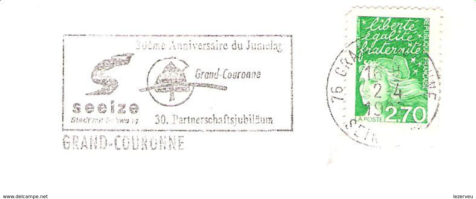 CACHET OBLITERATION FLAMME GRAND-COURONNE 30° ANNIVERSAIRE JUMELAGE SEEIZE  ENVELOPPE 16X11 - 1961-....