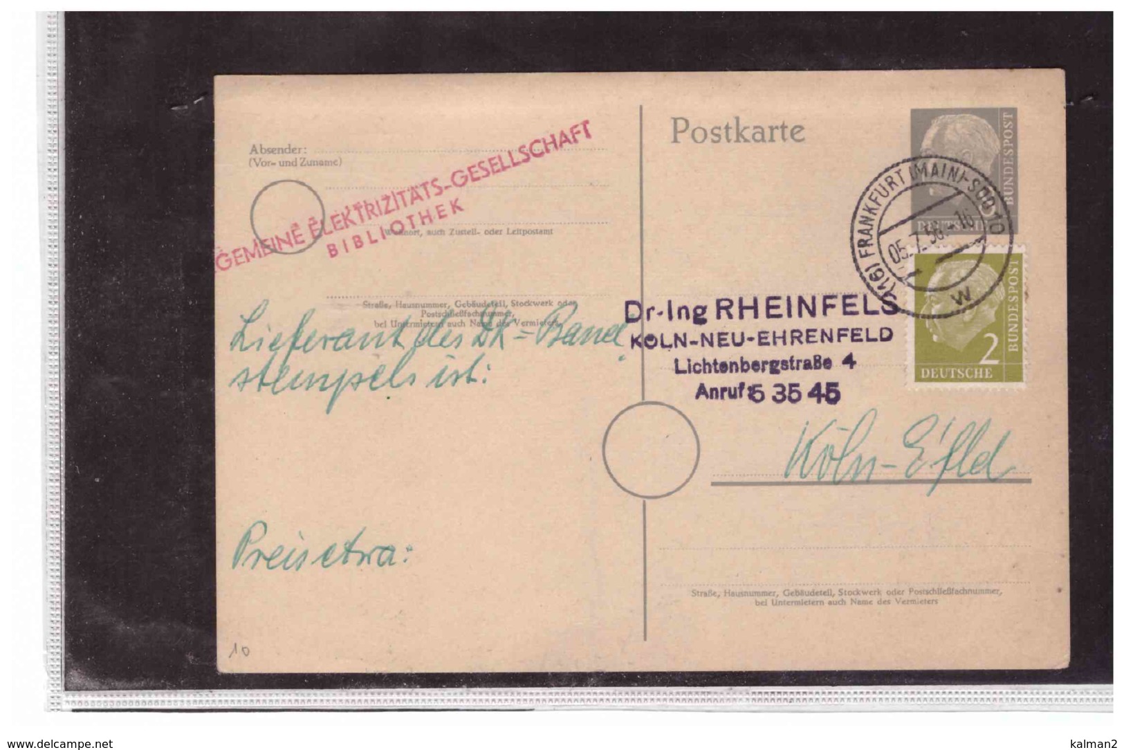 R69   -   POSTKARTE  MICHEL NR.  P.25   /   FRANKFURT  A/M  5-7-1956 - Private Postcards - Used