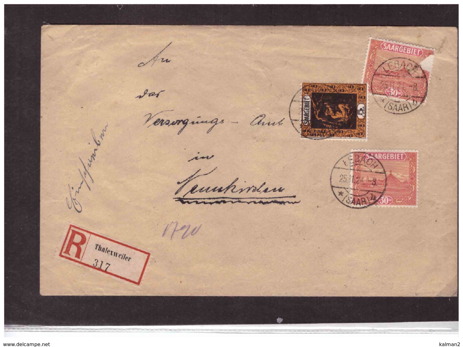 R83   -    LEBACH  25.11.1924    /     REGISTERED LETTER FRANKED WITH MICHEL NR. 85 + 90 - Briefe U. Dokumente