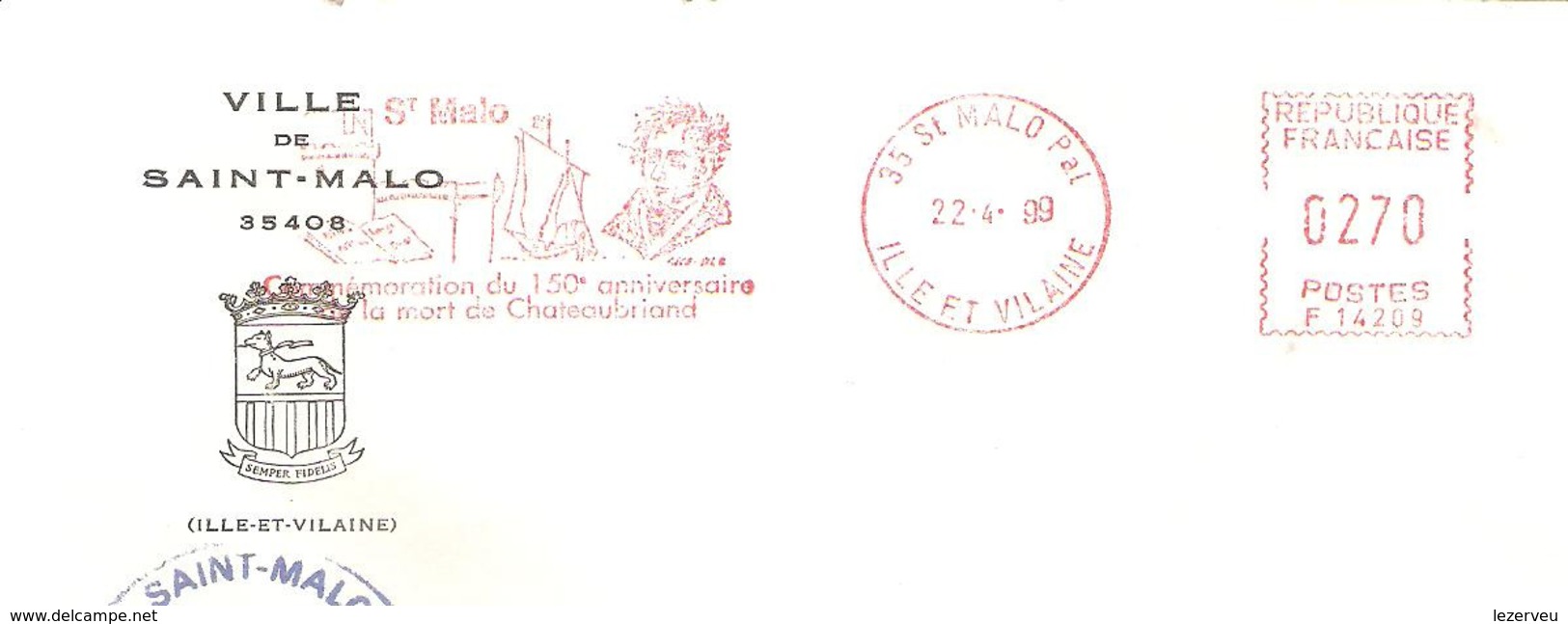 CACHET OBLITERATION FLAMME EMA ST MALO MAIRIE 150° ANNIVERSARE MORT CHATEAUBRIAND  ENVELOPPE 16X11 - 1961-....