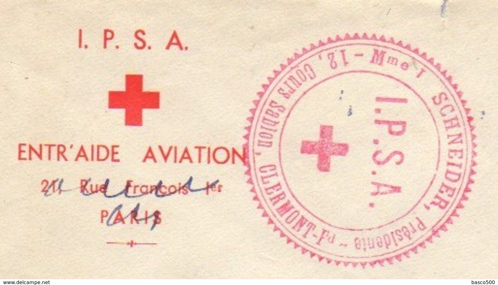 1940's - LSC CROIX ROUGE Cachet "IPSA - Mme SCHNEIDER Présidente - Clermont-Ferrand" Par Service PRISONNIERS De L'AIR - Guerre De 1939-45