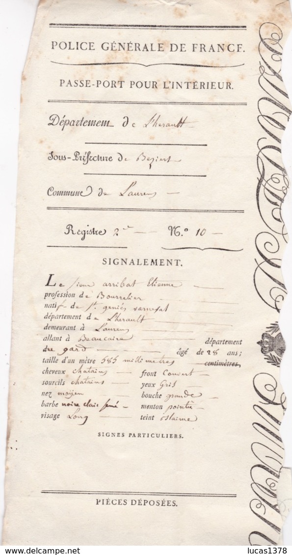 PASSE PORT INTERIEUR 1821  / HERAULT / BEZIERS / LAURENS / ARRIBAT / BOURRELIER - Documents Historiques