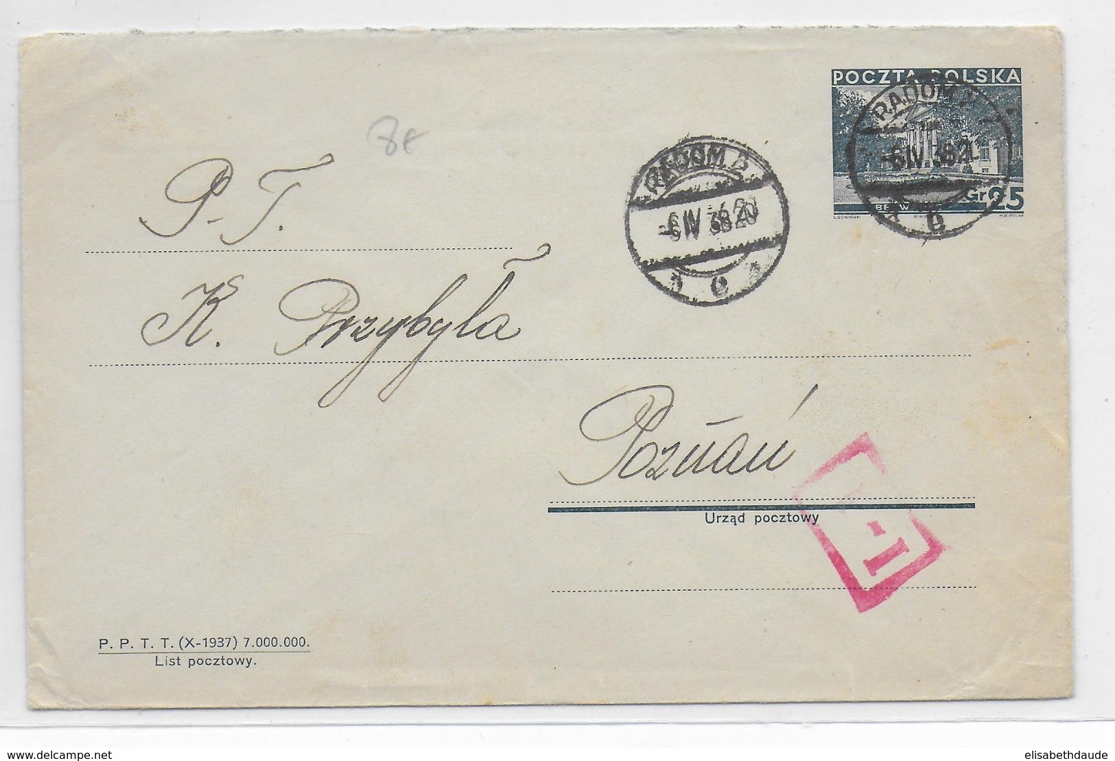 1938 - POLOGNE - ENVELOPPE ENTIER De RADOM => POZNAN - Storia Postale