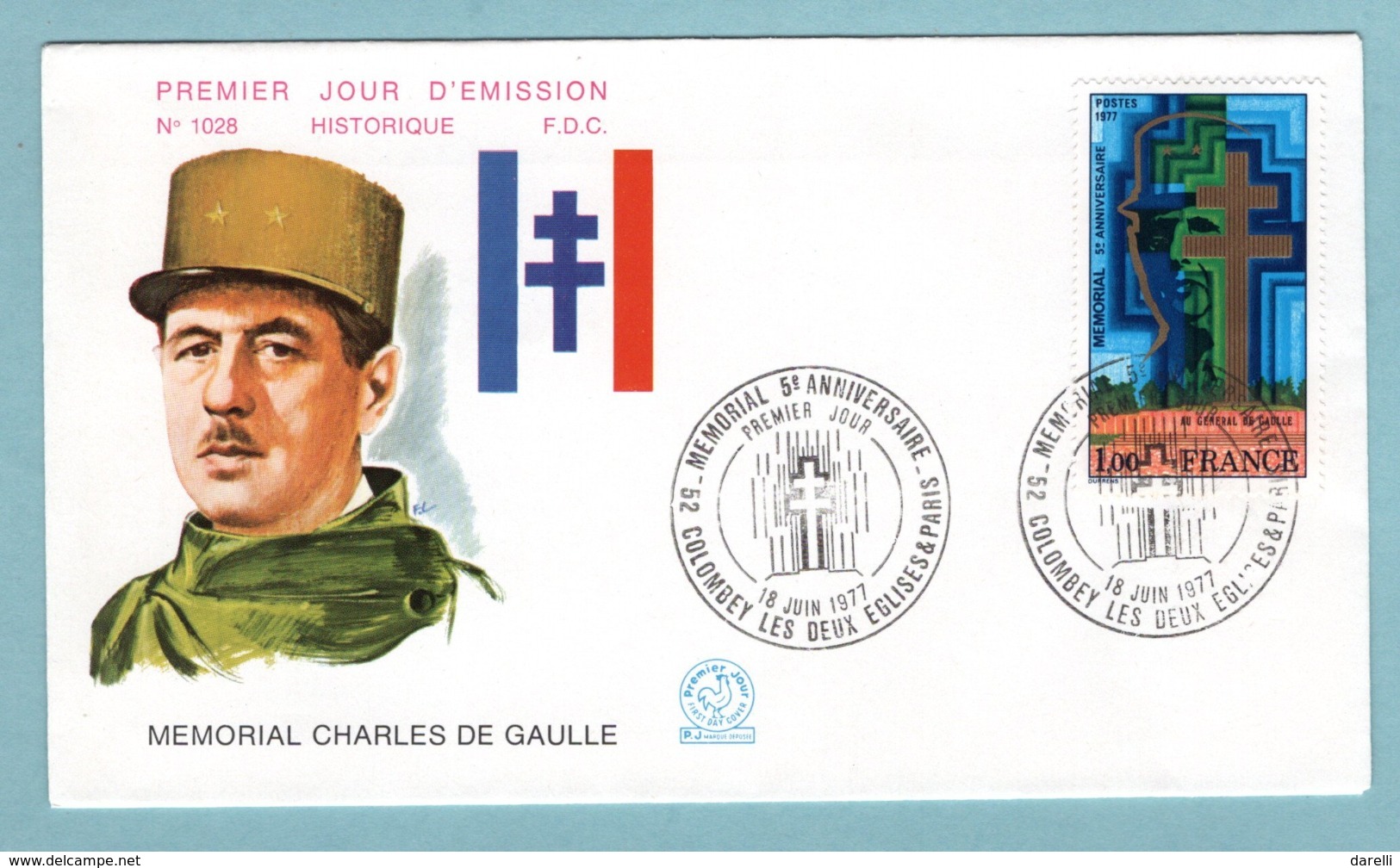 FDC France 1977 - 5e Anniversaire Mémorial Général Charles De Gaulle - YT 1941 - Colombey Les Deux églises - 1970-1979