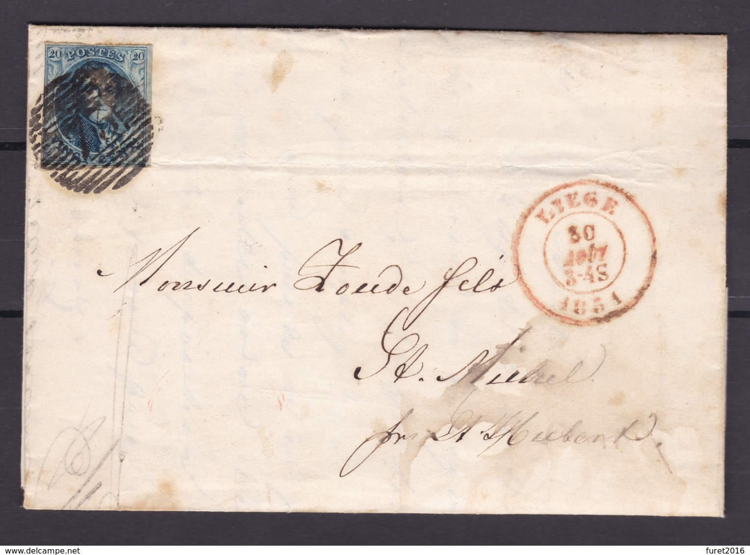 N° 7 Margé / Lettre De Liege Vers St Hubert  Planche I   30 Aout 1851 Lac - 1851-1857 Médaillons (6/8)