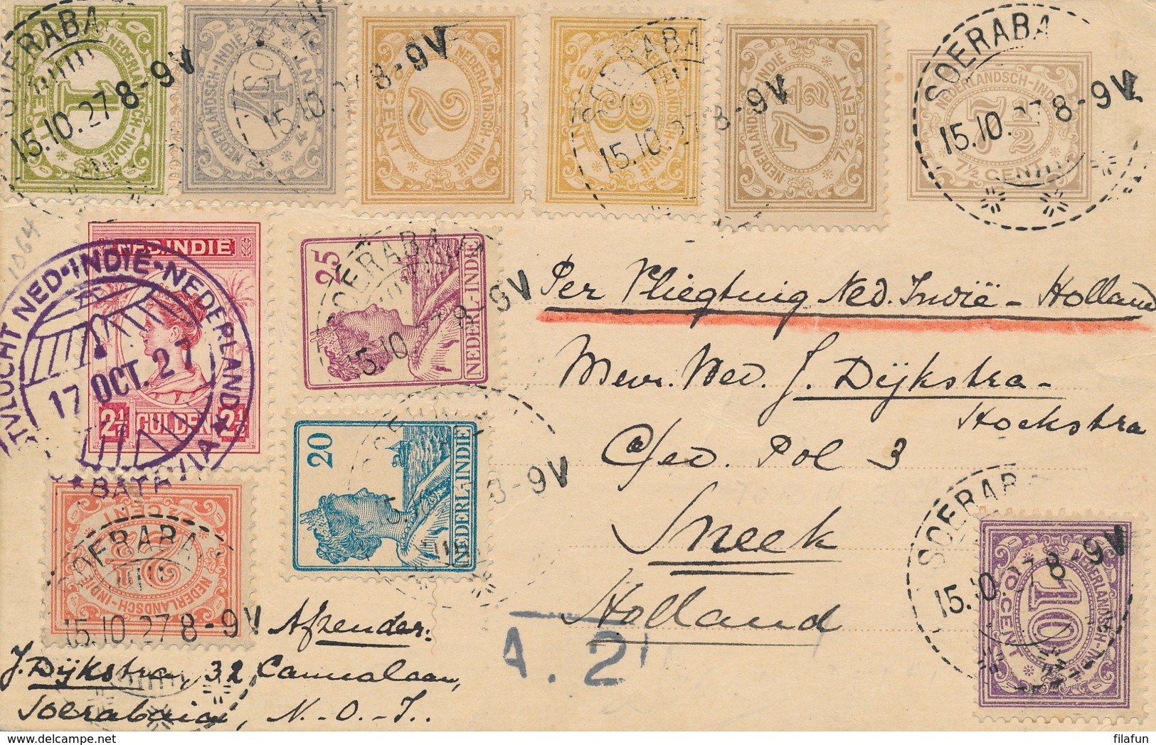 Nederlands Indië / Nederland - 1927 - Rijk Gefrankeerde Briefkaart Met Koppenvlucht Van Soerabaja Naar Sneek / Nederland - Nederlands-Indië