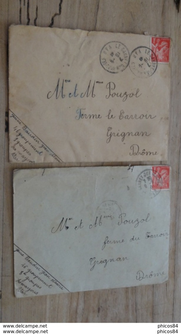 5 Courriers de 1941 du Camp de Jeunesse de Les Mayons (Var), goupement 46, enveloppes avec leurs courriers