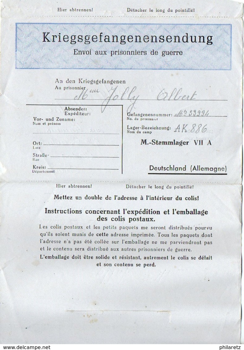 CL De Prisonniers De Guerre - Formule BLEU Pour L'envoi De Colis-postaux - Stammlager VII A - Guerre De 1939-45