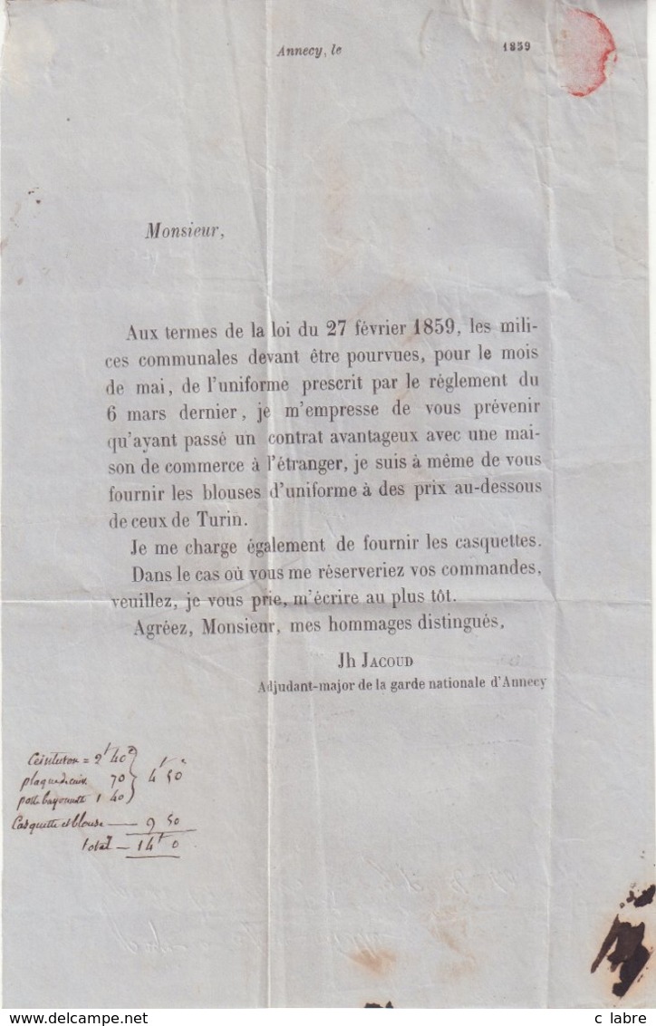 FRANCE : N° 10 SARDAIGNE . OBL . " ANNECY " . SUR IMPRIME DES MILICES COMMUNALES . POUR " MENTON . 1859 . - 1849-1876: Période Classique