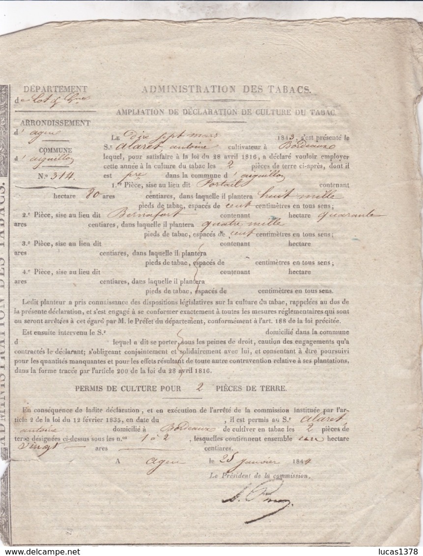 RARE / 1843 / BORDEAUX / AMPLIATION DE  DECLARATION DE CULTURE DU TABAC - Documenten