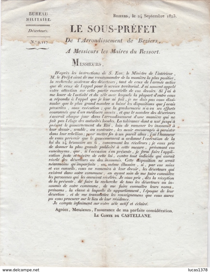 RARE LETTRE SOUS  PREFET  BEZIERS 1823 CONCERNANT LA RECHERCHE DES DESERTEURS - Historical Documents