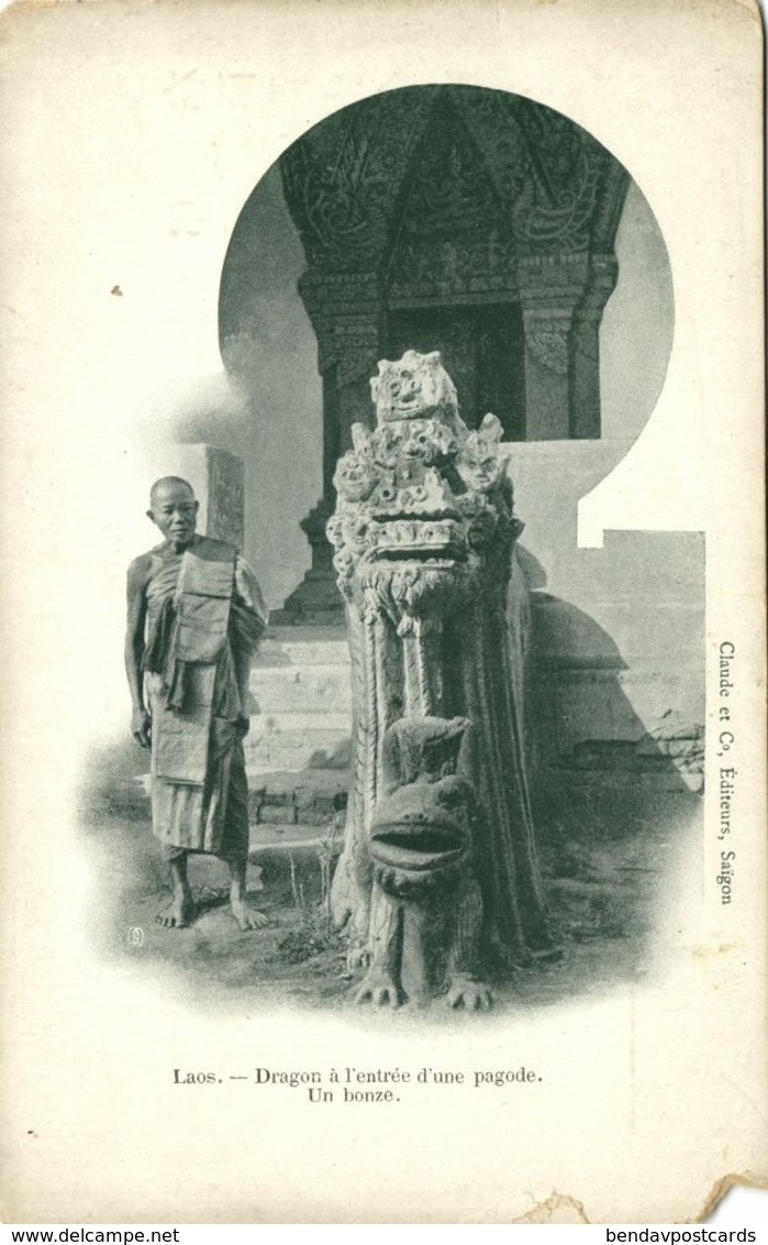 Indochina, LAOS, Dragon à L'entrée D'un Pagode. Un Bonze (1899) Postcard - Laos