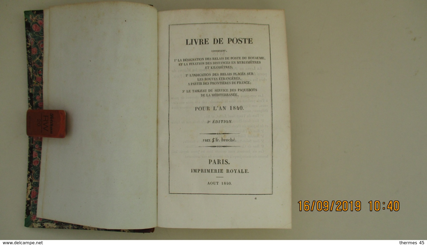 LIVRE DE POSTE POUR L'AN 1840 / PARIS IMPRIMERIE ROYALE 3ème ED. AOUT 1840 - 1801-1900