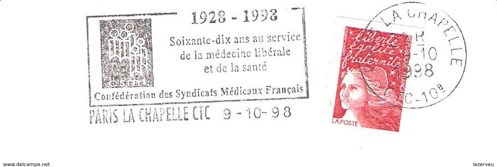 CACHET OBLITERATION FLAMME PARIS LA CHAPELLE MEDECINE SYNDICATS MEDICAUX 70 ANS  ENVELOPPE 16X11 - 1961-....