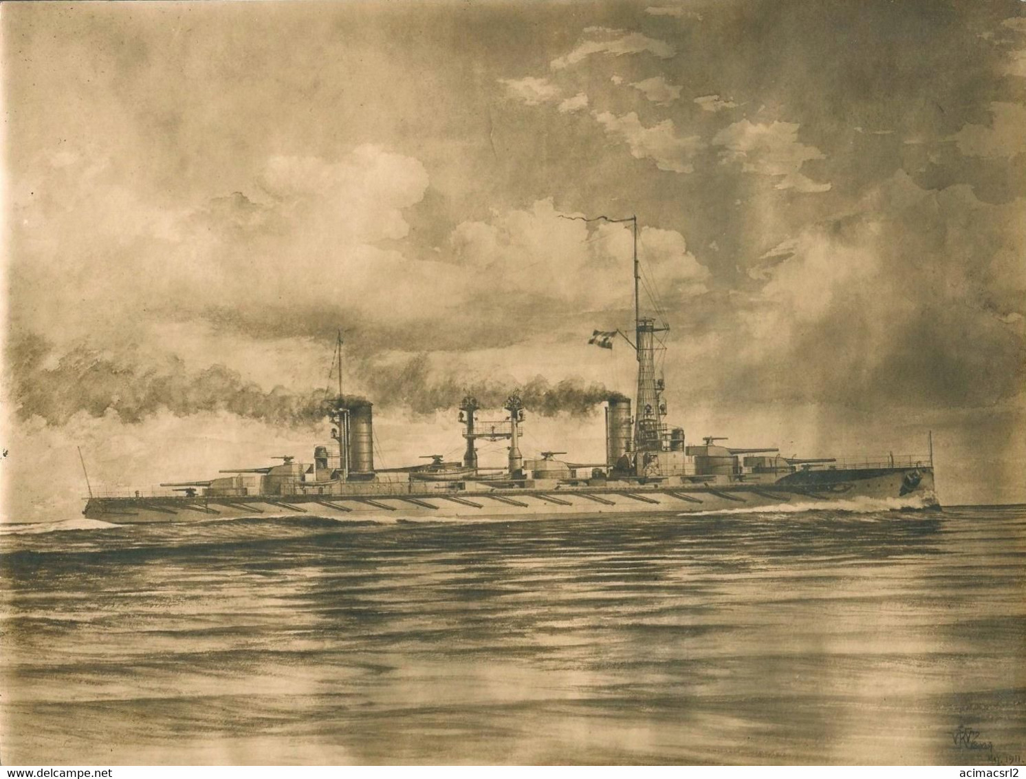 X2029 Lithography Lithographie Argentina SHIP NAVIRE Battleship Acorazado ARA RIVADAVIA ? - BIG Image 24x18cm 1950' - Lithographies