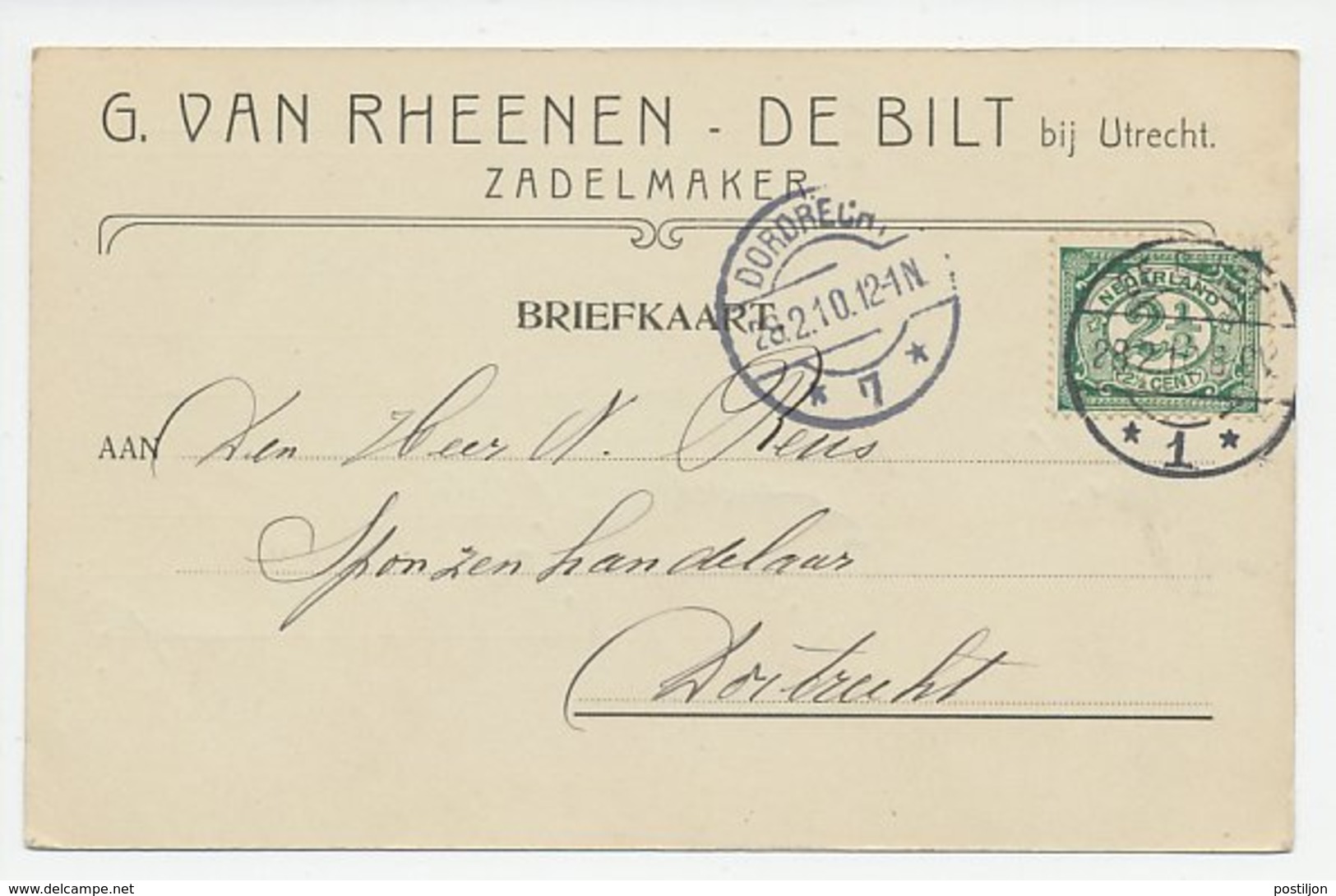 Firma Briefkaart De Bilt 1910 - Zadelmaker - Non Classificati