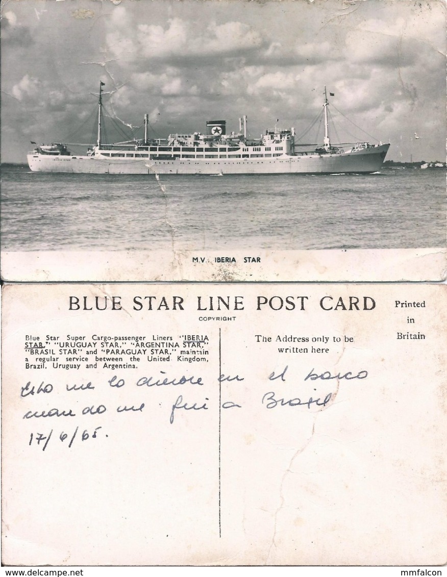 X2031 Paquebot SHIP NAVIRE Line MV IBERIA STAR - Postal Blue Star Line Postcad 1965 - Banques