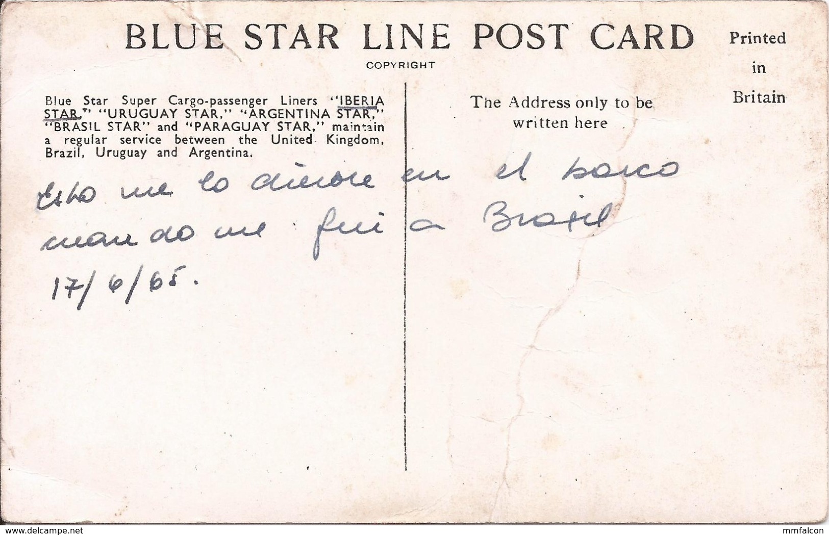 X2031 Paquebot SHIP NAVIRE Line MV IBERIA STAR - Postal Blue Star Line Postcad 1965 - Banques