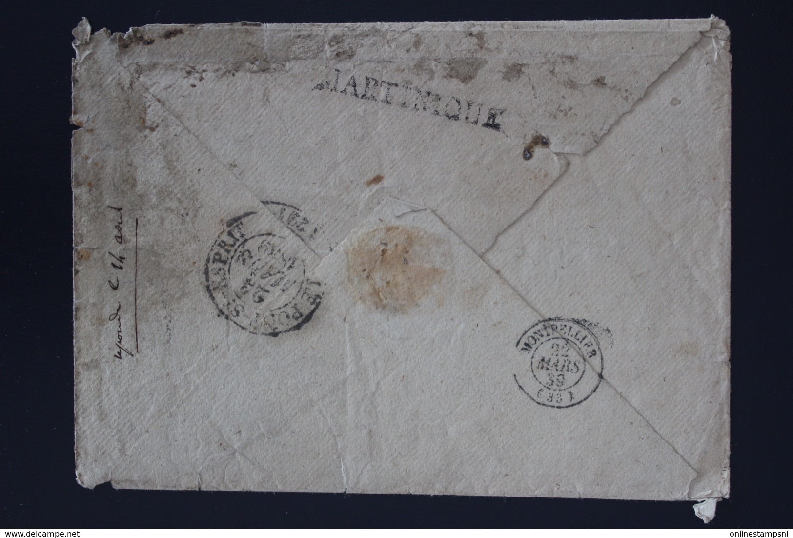 Martinique Cover 1839 Pays Outremer Martinique A Pont St. Esprit Désinfecté Fendre / Disinfected By Slit - Storia Postale