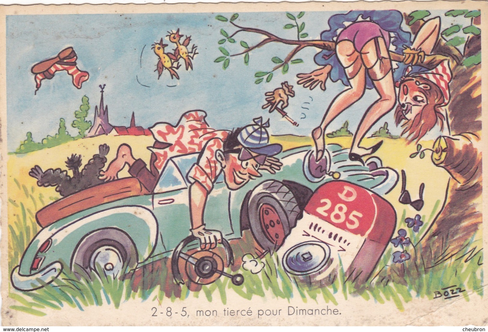 CARTE FANTAISIE   BOZZ  ILLUSTRATEUR. SÉRIE AUTO. ACCIDENT CHANCEUX  " 2 - 8 - 5 Mon Tiercé Pour Dimanche.". - Humor