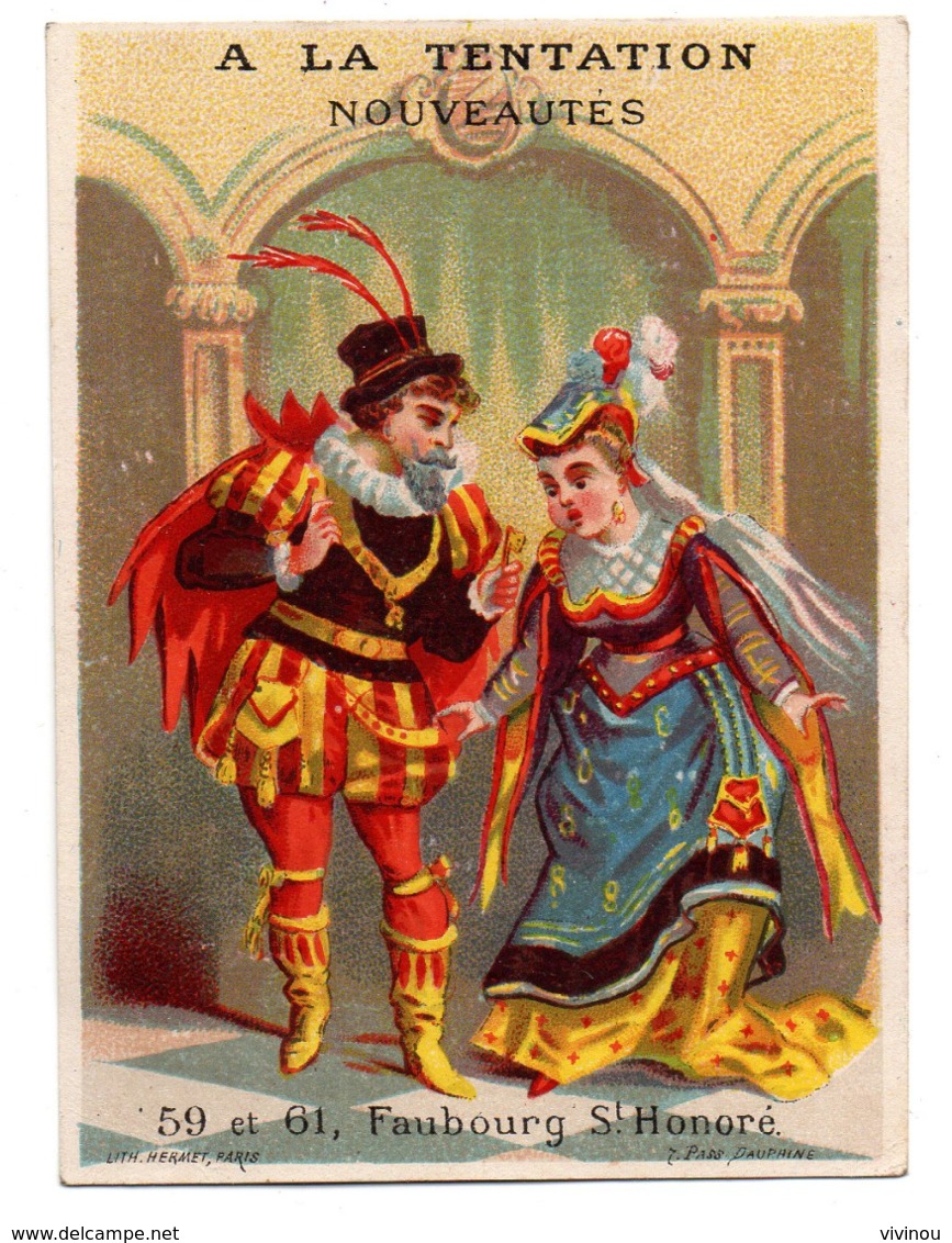 Chromo Calendrier Année 1876 Semestre A La Tentation Paris Couple Romantique Scène Galant XVI Siècle Costume Lith Hermet - Autres & Non Classés